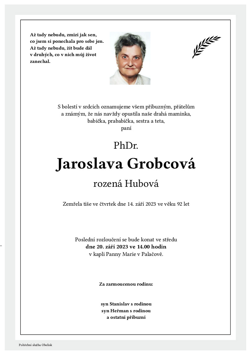 parte - Jaroslava Grobcova (14. 10. 2023 ve veku 92 let)