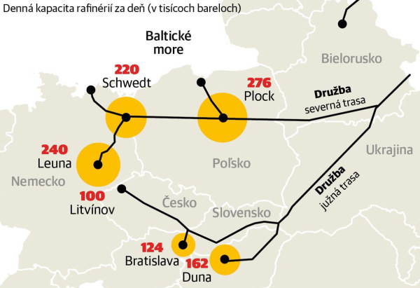 mapa ropovodu Druzba