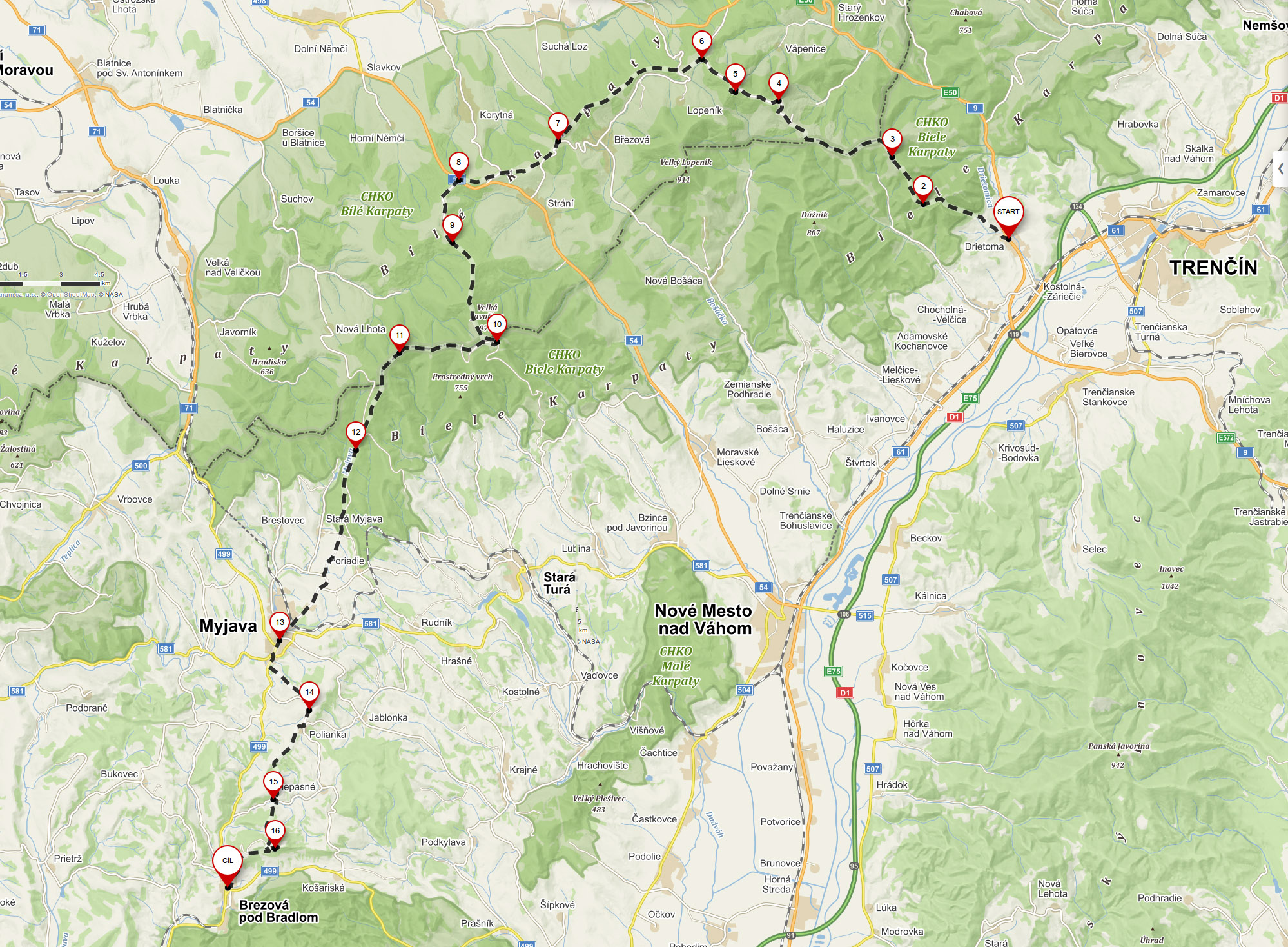 mapa Drietoma – Brezová pod Bradlom (65 km, 2 dni)